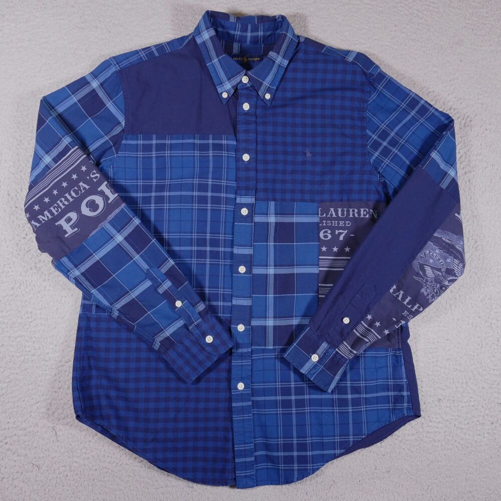 Ralph Lauren Plaid Patchwork Eagle Stars Shirt Men Large Blue Button Down